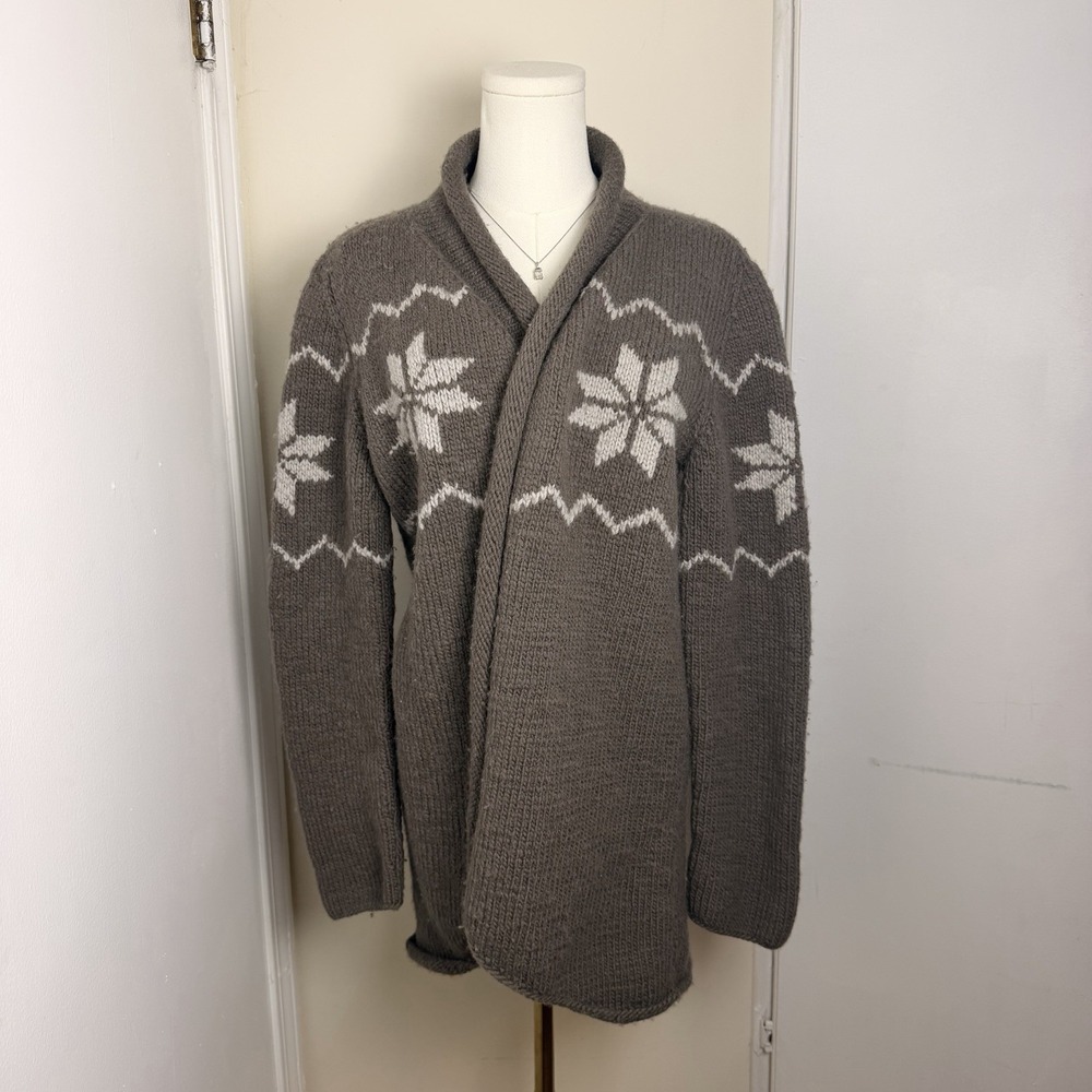 VINTAGE Samomaya Handmade 100% Wool Cardigan Women's Sz L Brown w Floral Pattern
